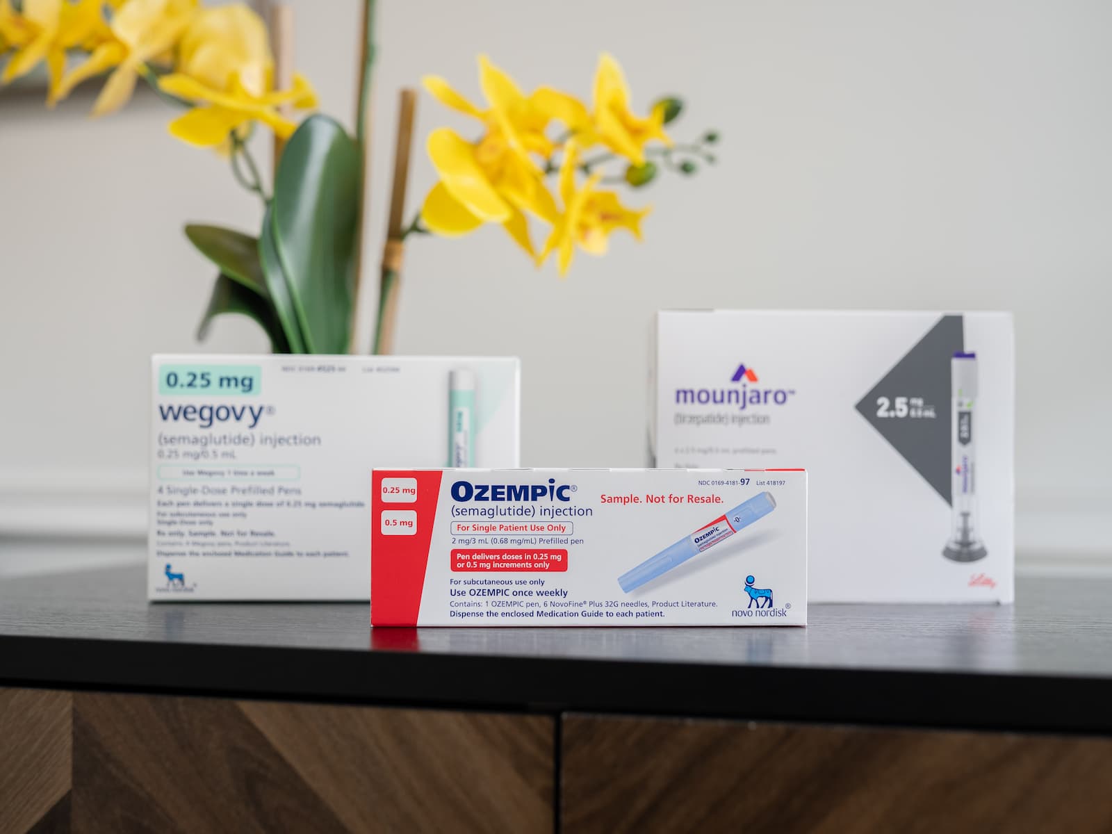 Picture of 3 weightloss treatments, wegovy, ozempic and mounjaro.